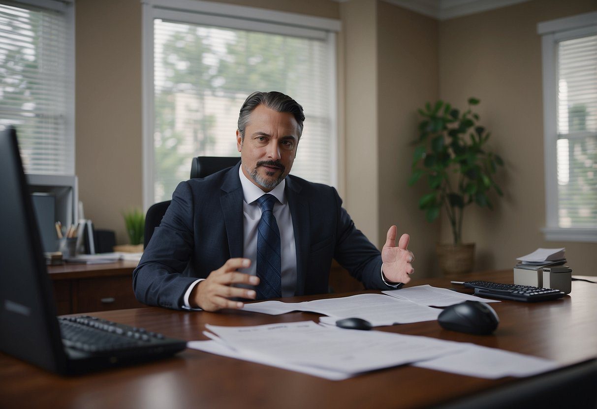 A residential mortgage broker sits at a desk, surrounded by paperwork and a computer. They are speaking with a client, offering advice and assistance