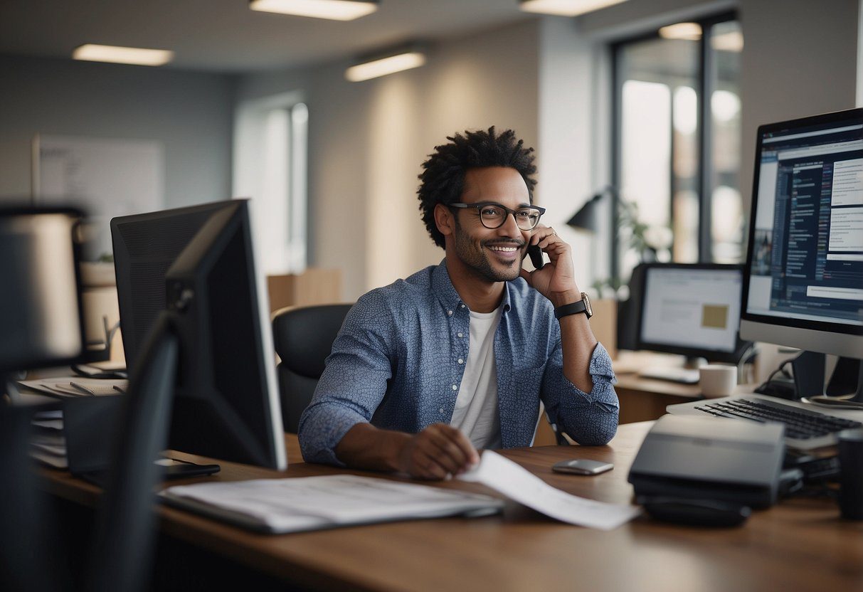 A person sitting at a desk, surrounded by paperwork and computer screens, speaking on the phone with a client while confidently explaining the benefits of using a residential mortgage broker