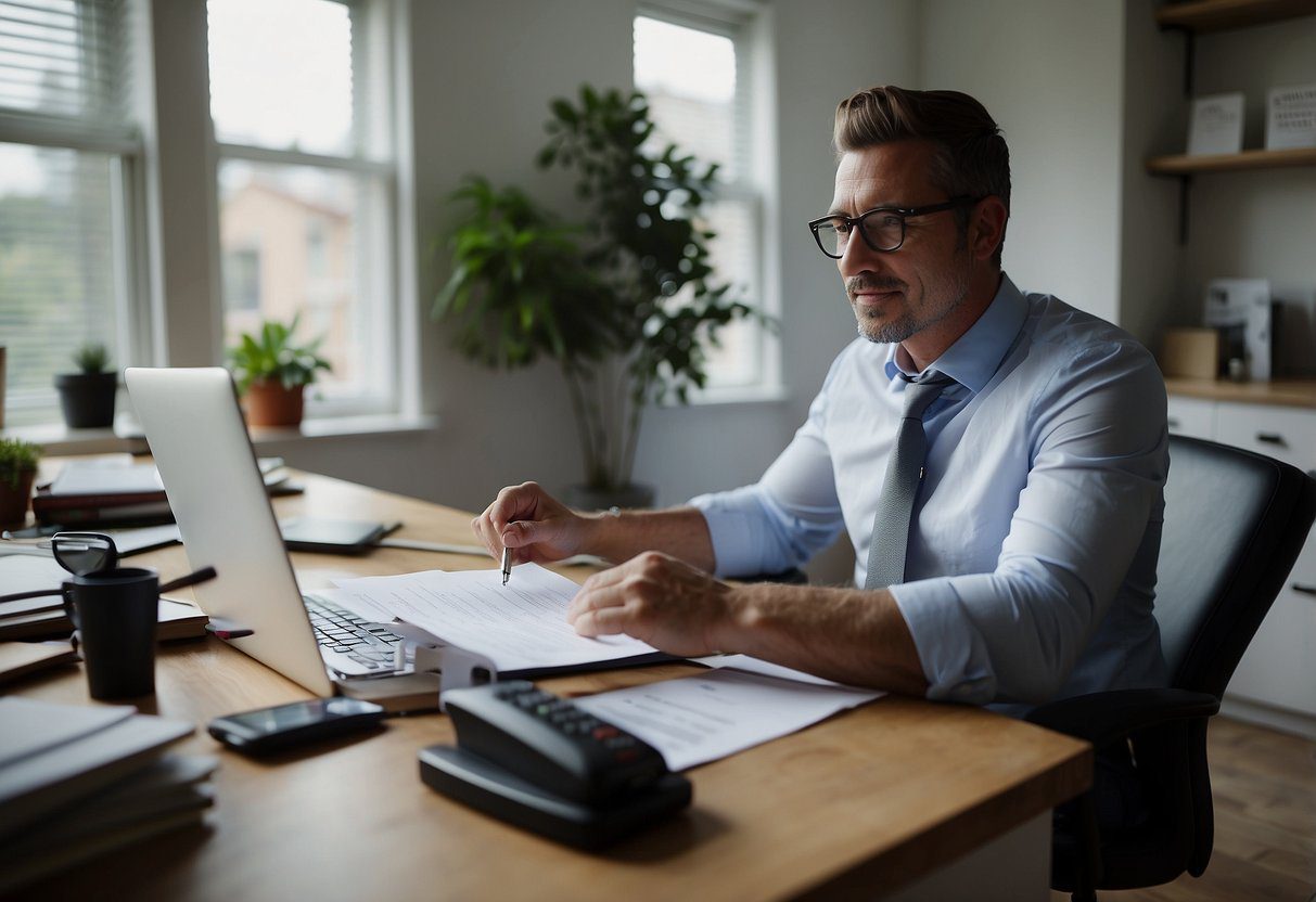 A mortgage broker sits at a desk, reviewing paperwork and speaking on the phone with clients. A computer screen displays various loan options. A house key and a contract are laid out on the desk