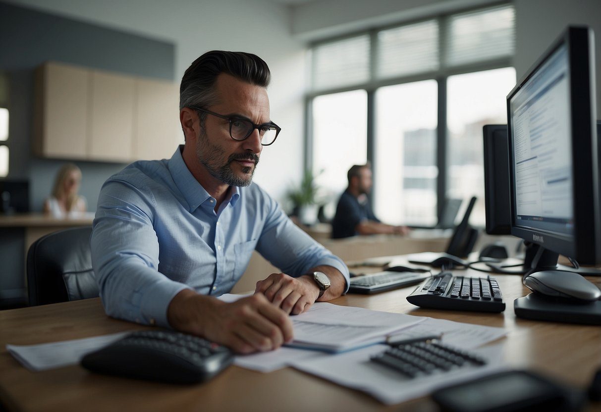 A mortgage broker sits at a desk, surrounded by paperwork and computer screens. They are on the phone, speaking with clients and diligently working to secure their dream home