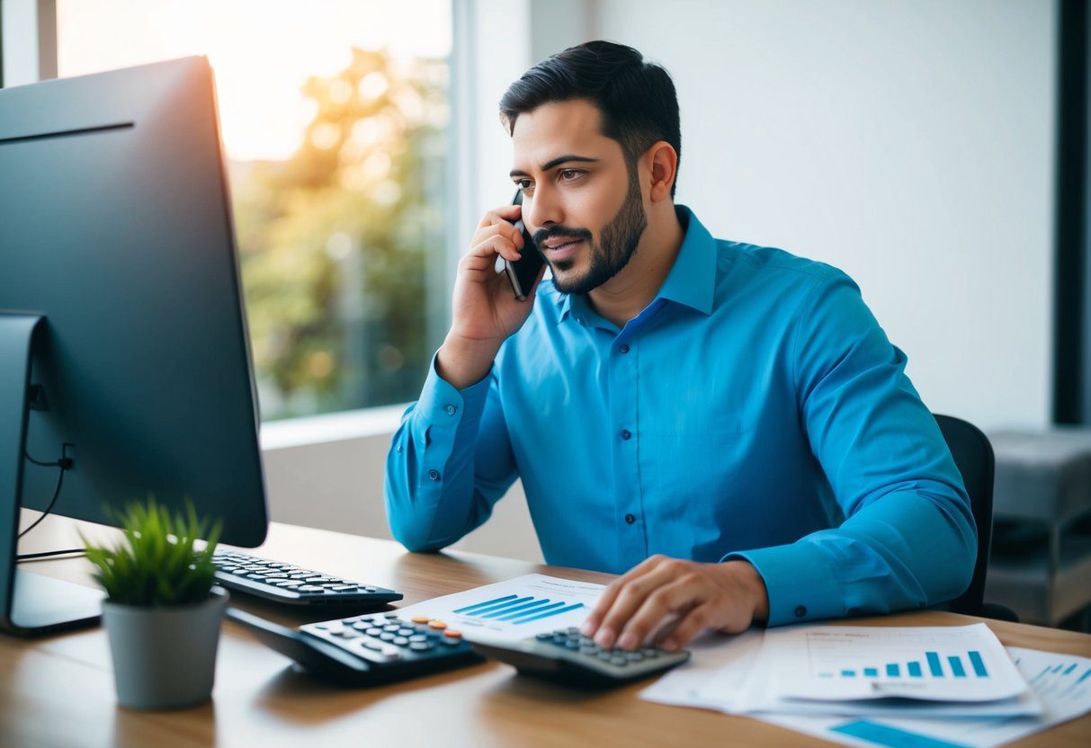 A self-employed individual working at a desk with a computer, financial documents, and a calculator, while speaking on the phone with a mortgage lender