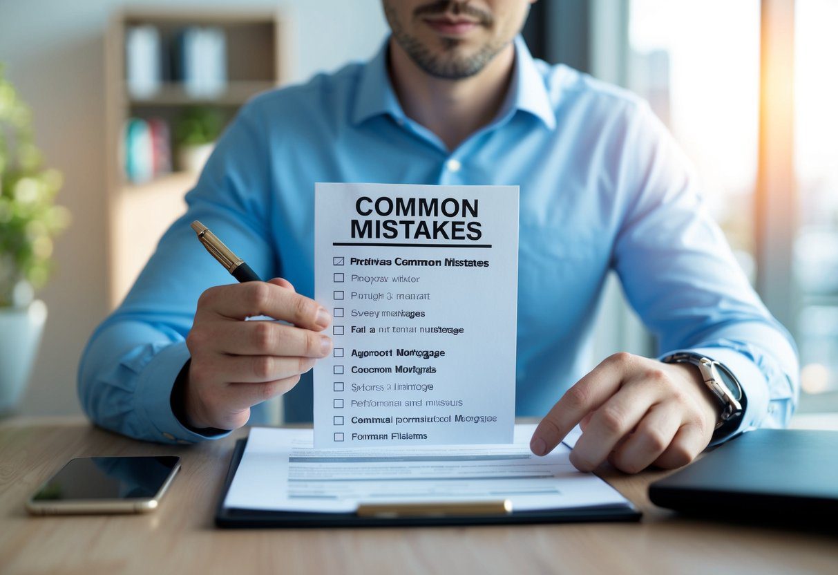 A person reviewing a checklist of common mistakes while applying for a mortgage, with a pen in hand and a serious expression
