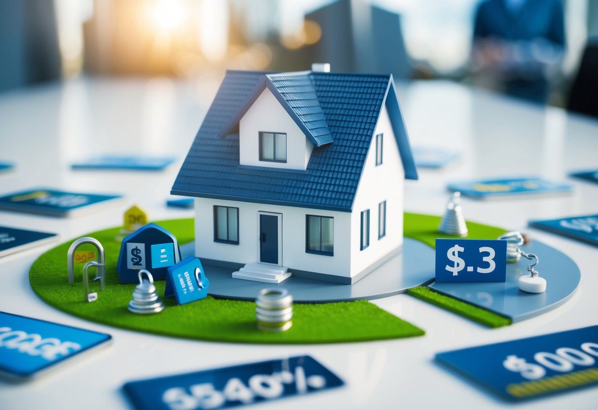 A house surrounded by various mortgage-related obstacles and pitfalls, with a clear path leading towards a secure and successful mortgage application