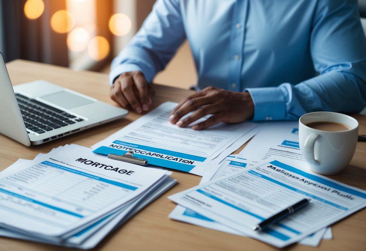 A person at a desk surrounded by financial documents, a laptop, and a stack of mortgage application forms. They are carefully reviewing their financial profile and avoiding common mistakes