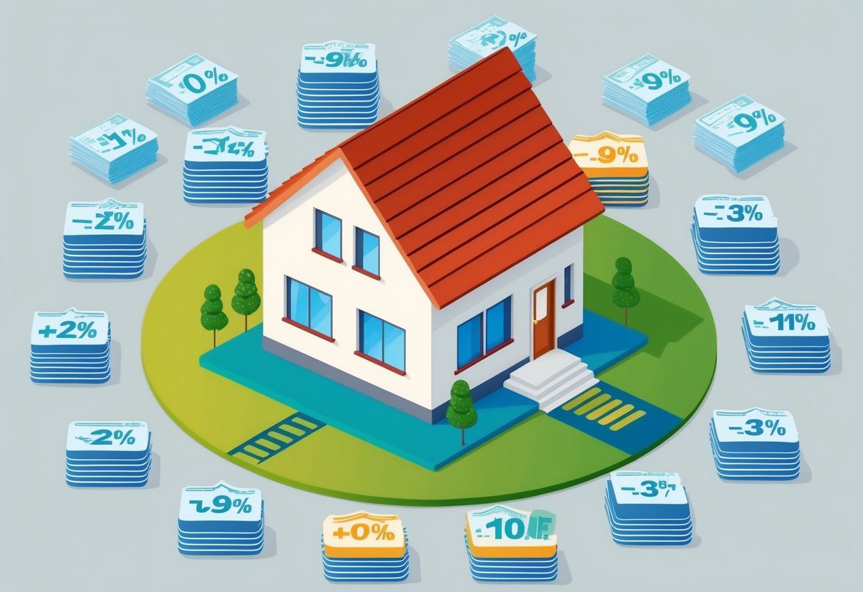 A house surrounded by different types of mortgages with fluctuating interest rates, showing the impact of rate changes on the mortgage