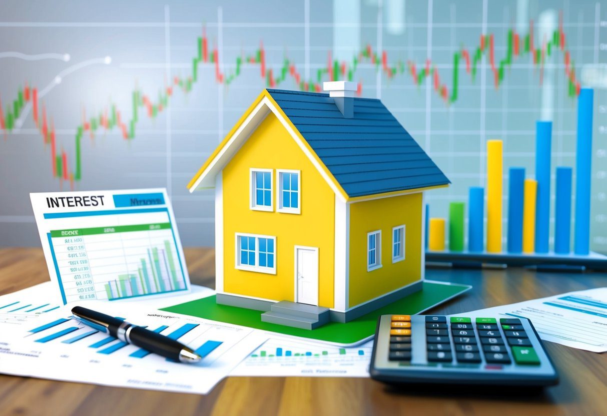 A house surrounded by financial charts and graphs, with a calculator and mortgage documents on a desk. Interest rates fluctuating on a chart in the background