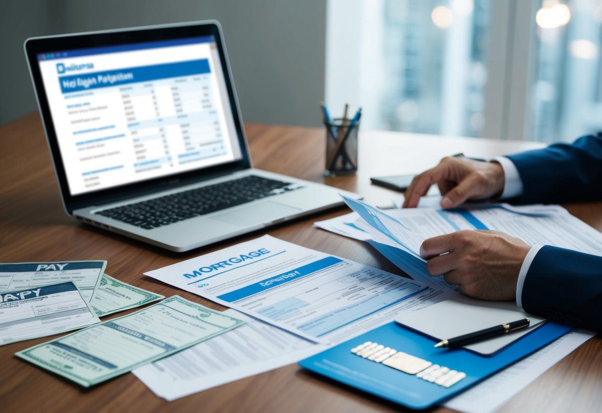 A desk with papers, ID, pay stubs, and bank statements spread out. A laptop with a mortgage application on the screen