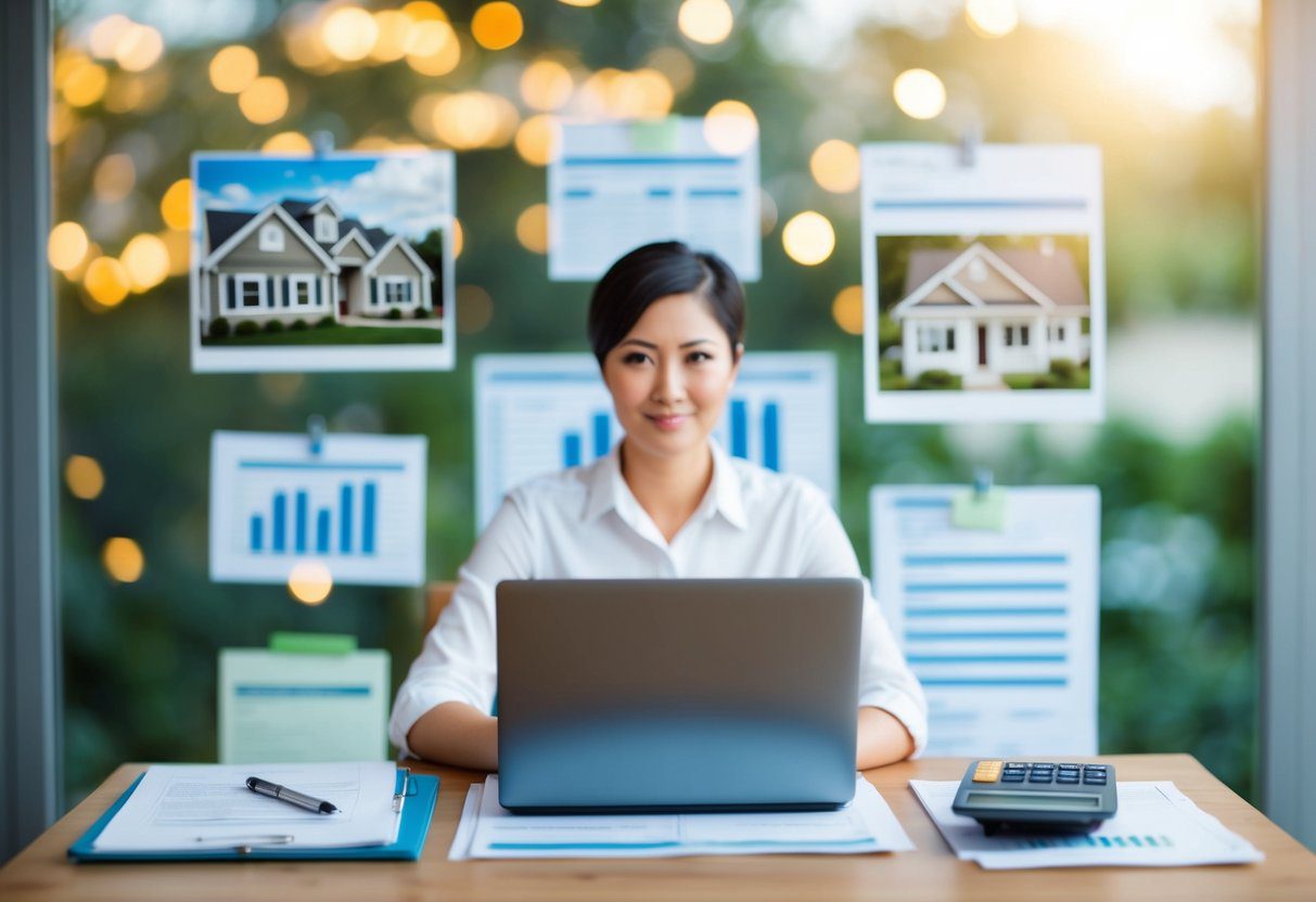 A person sitting at a desk with a laptop, paperwork, and a calculator, surrounded by images of houses and financial documents