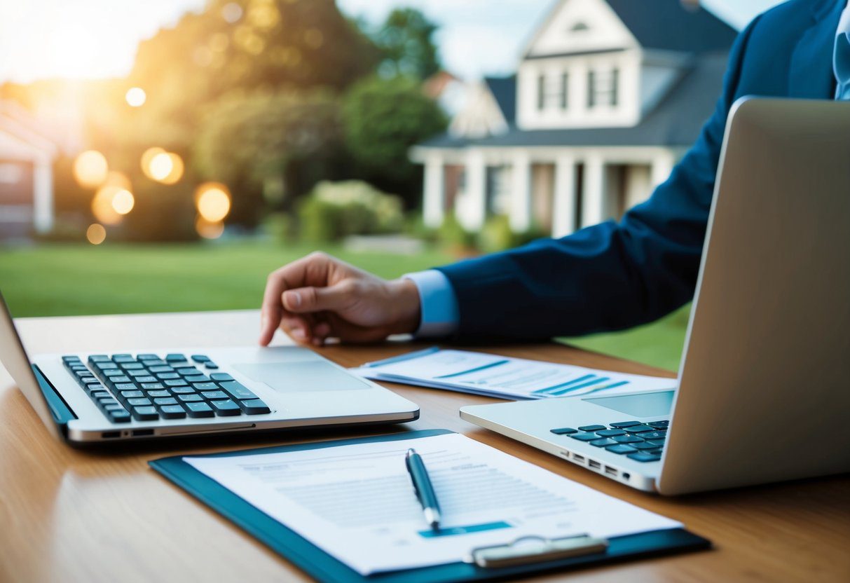 A person at a desk with a laptop, calculator, and paperwork. A house and a bank in the background