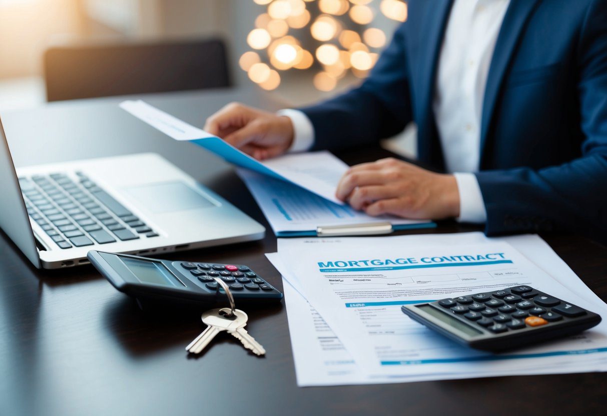 A person sitting at a desk with a laptop, paperwork, and a calculator. A house key and a mortgage contract are on the table