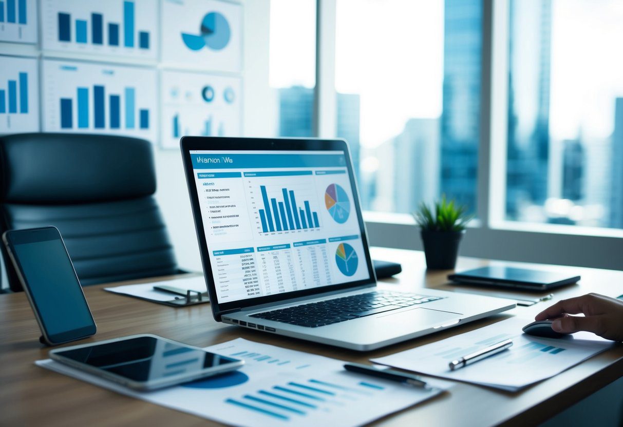 A modern office desk with a laptop, paperwork, and a phone, surrounded by financial charts and graphs