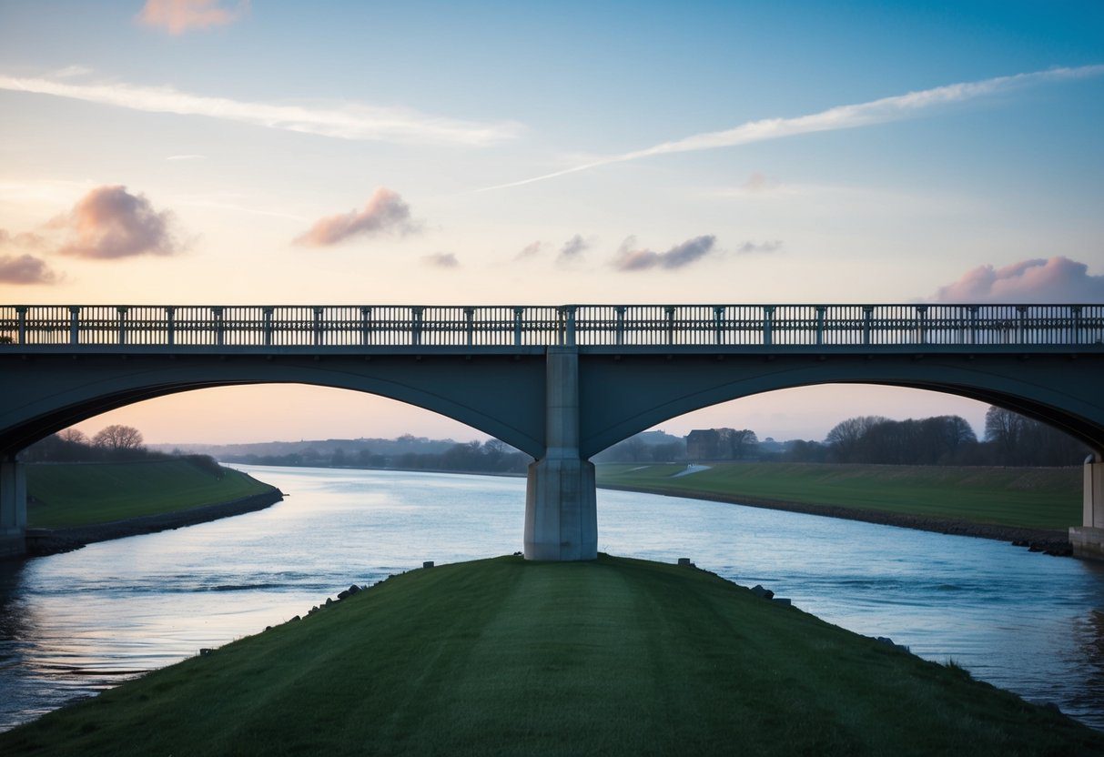 A bridge spanning a gap between two banks, with one side representing a current property and the other side representing a new property, bridging loans "bridge" gaps in property transactions