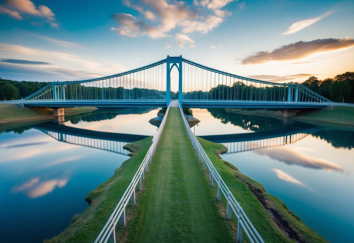 A bridge connecting two separate pieces of land, with one side representing eligibility and the other side representing requirements, bridging loans "bridge" gaps in property transactions