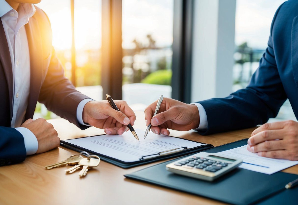 A person signing a contract with a lender, exchanging keys and documents, and receiving funds