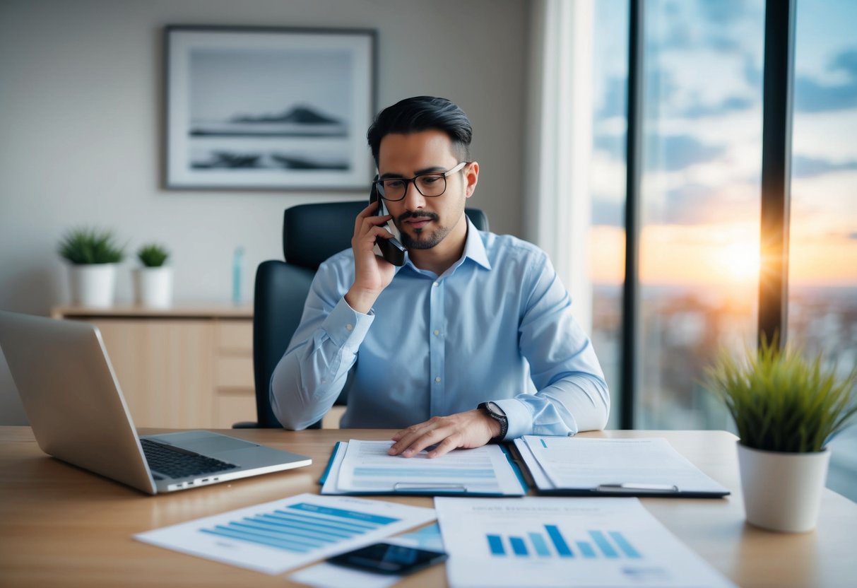 A person sitting at a desk with a laptop, reviewing mortgage documents and financial papers, while talking on the phone with a mortgage lender