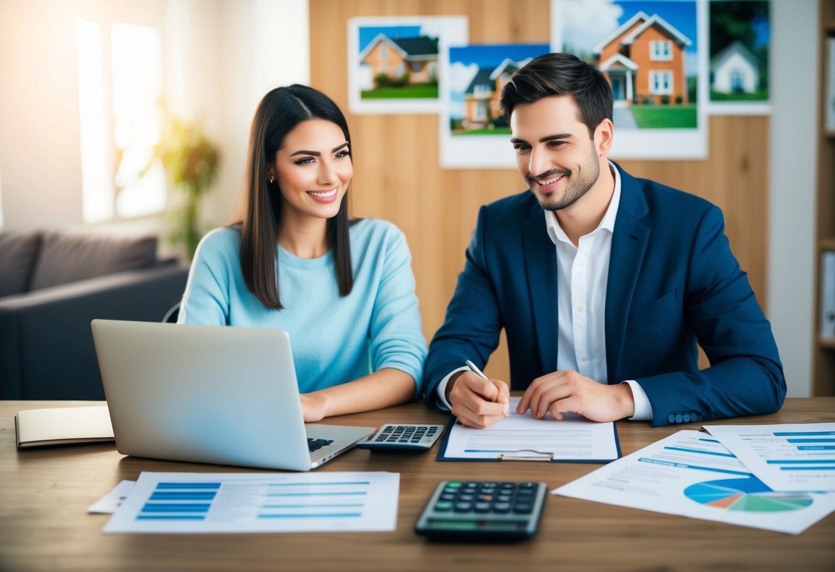 A young couple sits at a desk with a laptop, papers, and a calculator, surrounded by images of houses and mortgage information
