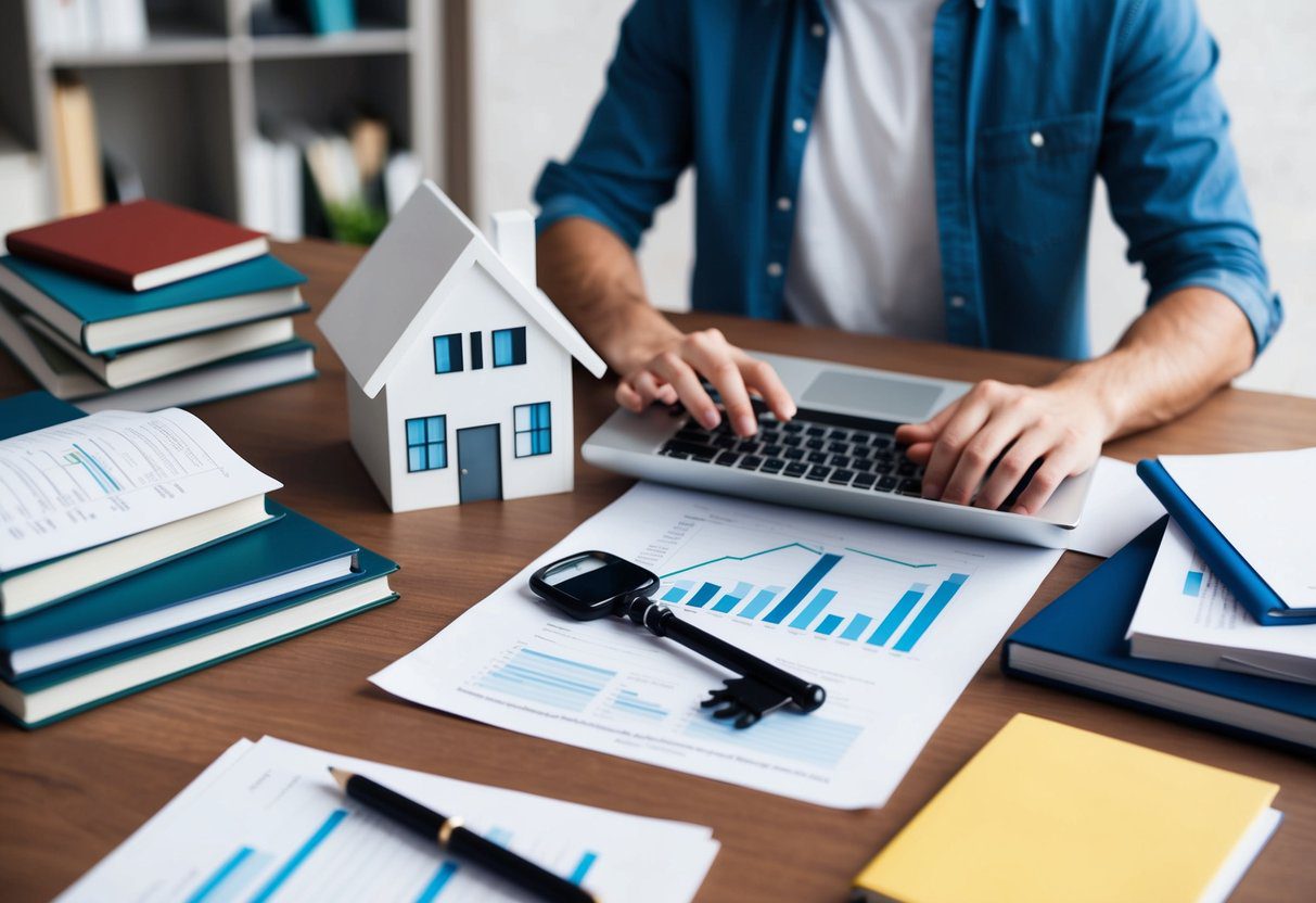 A young person researching mortgages, surrounded by books, a laptop, and financial documents. A key and a house symbolize the journey ahead