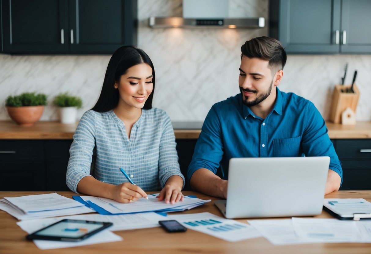 A young couple sits at a kitchen table, surrounded by paperwork and a laptop. They are discussing financial considerations for first-time homebuyers