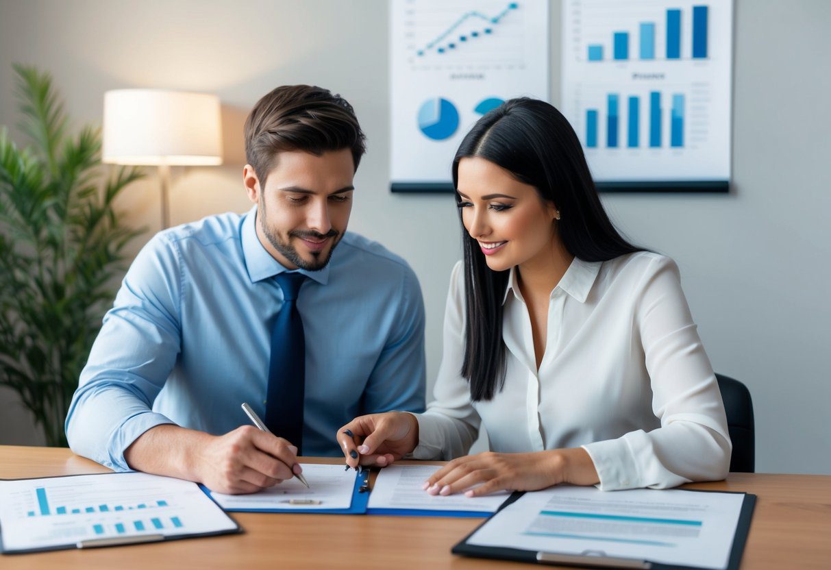A young couple sits at a desk with a mortgage advisor, discussing options and signing paperwork. Charts and graphs are displayed on the wall behind them