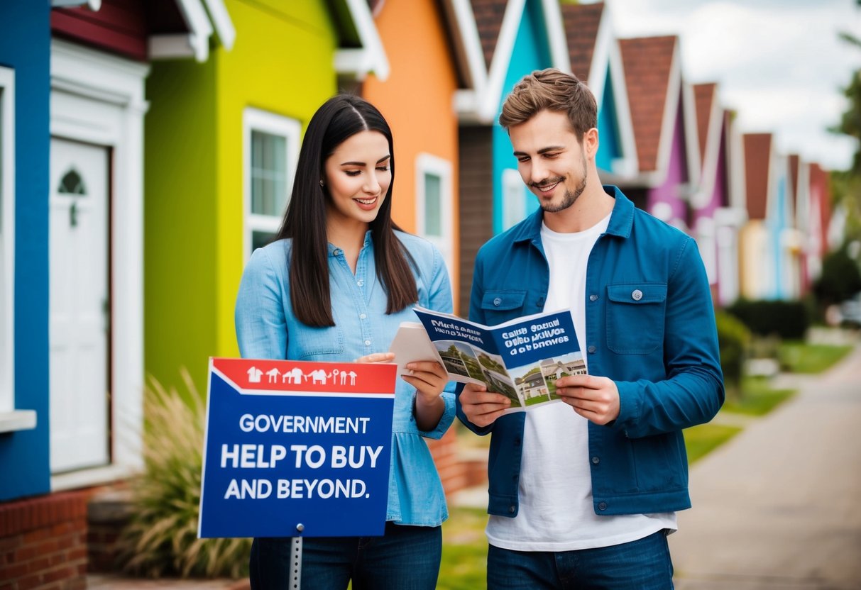 A young couple stands outside a row of colorful houses, studying a brochure on government home-buying schemes. A sign nearby reads "Help to Buy and Beyond."