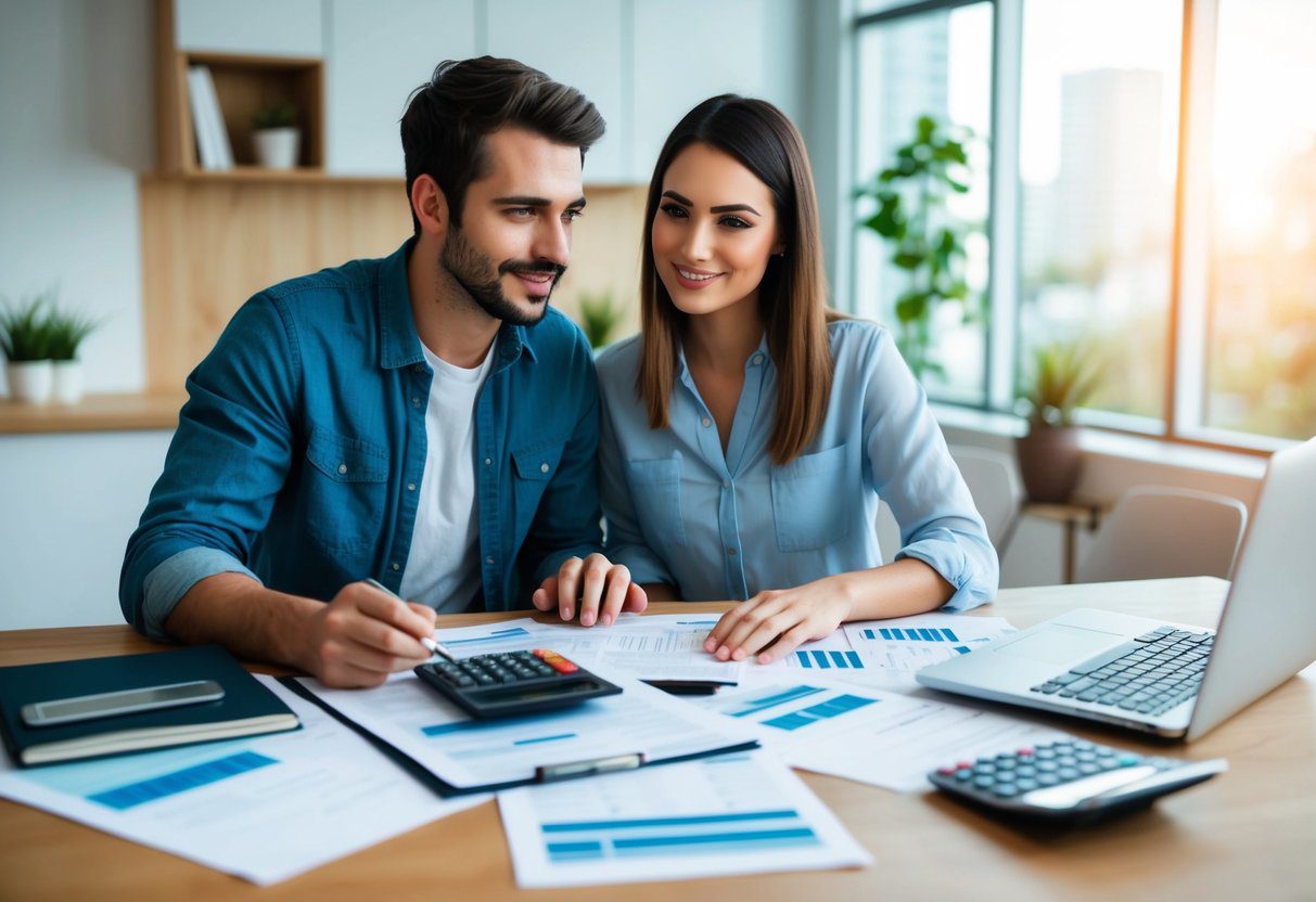A young couple sits at a table surrounded by paperwork and financial documents. A laptop and calculator are on the table as they discuss government schemes for first-time homebuyers