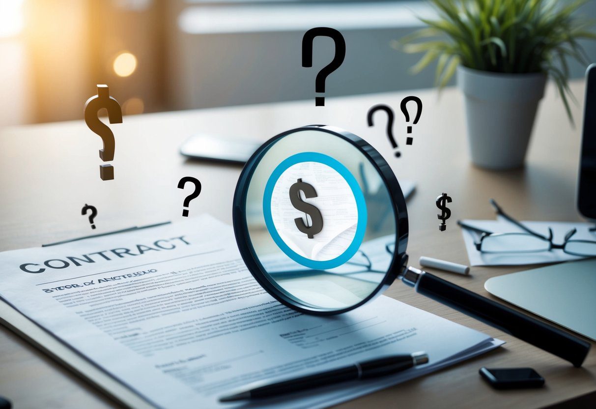 A cluttered desk with a magnifying glass highlighting a small, obscured section of a contract. Various dollar signs and question marks scattered around the scene