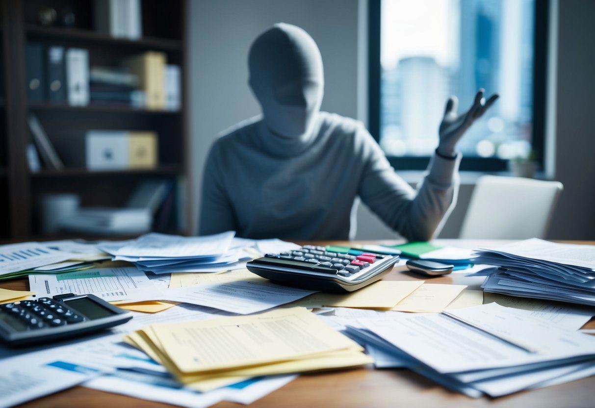 A cluttered desk with scattered bills, a calculator, and a pile of paperwork. A shadowy figure hovers over, looking perplexed at hidden fees