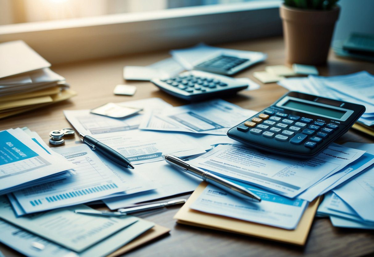 A cluttered desk with scattered bills, invoices, and a calculator. Various items such as maintenance receipts, insurance documents, and unexpected fees are visible