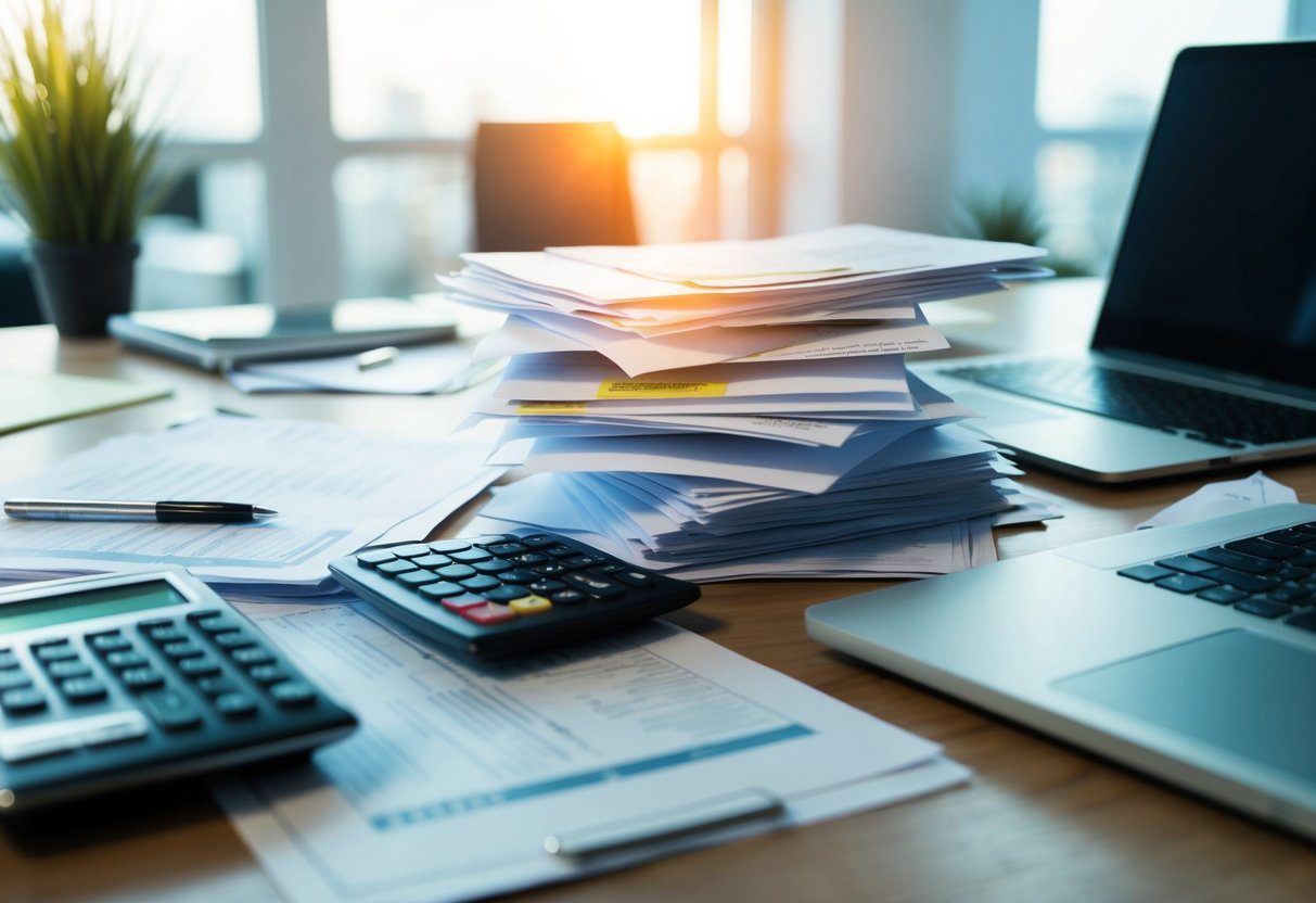 A cluttered desk with scattered paperwork, a calculator, and a laptop. A stack of legal documents and leasehold information with highlighted sections