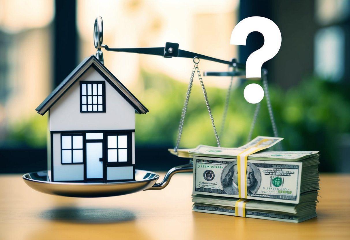 A scale balancing a house and a stack of money, with a question mark hovering above
