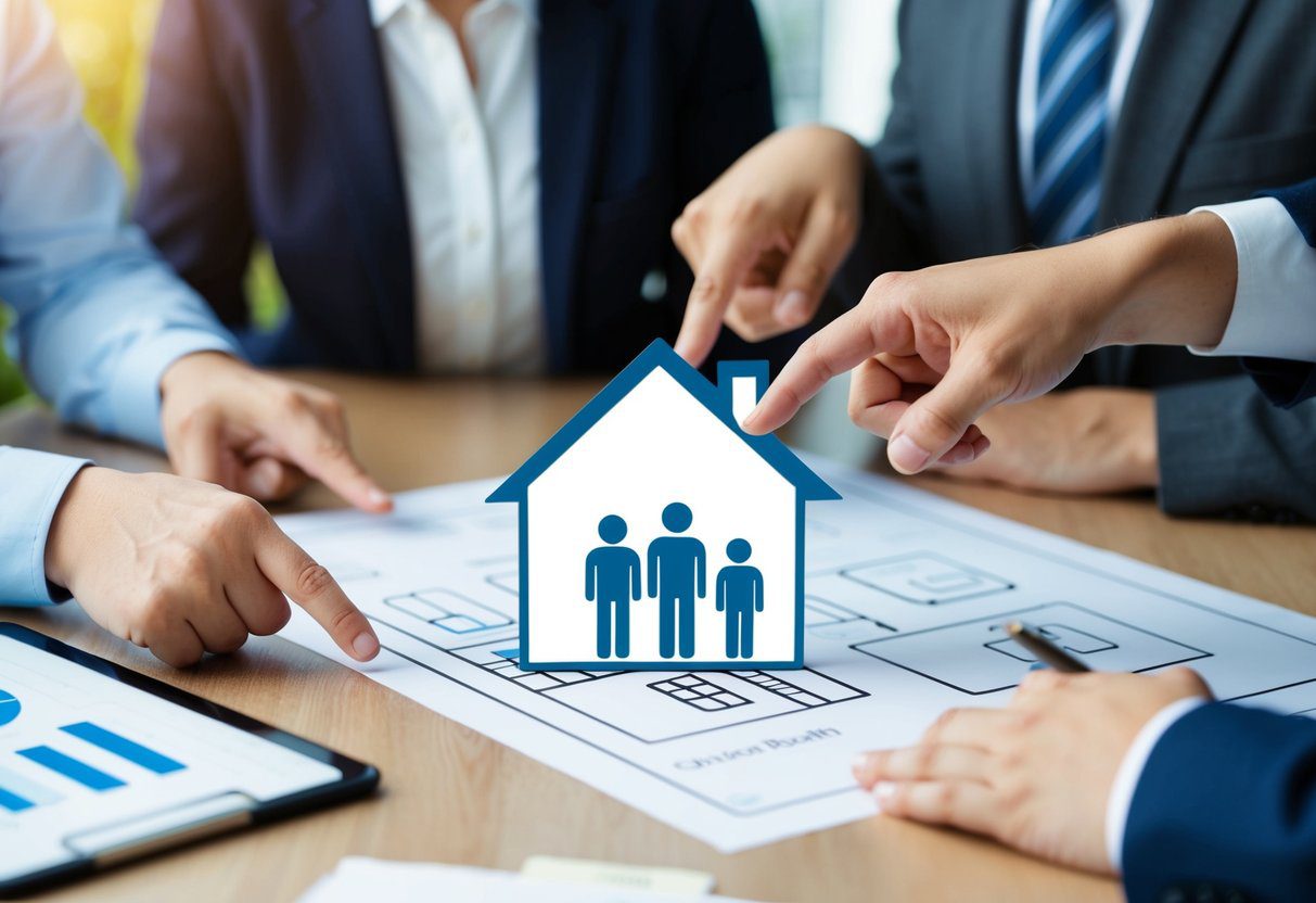 A group of people discussing and pointing at a diagram of a house, symbolizing the concept of shared ownership