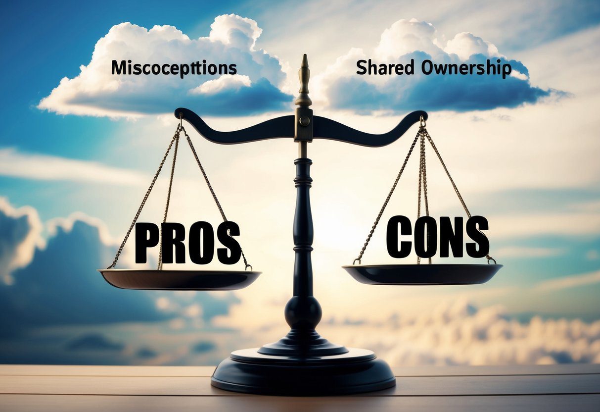 A scale with one side weighted down by "Pros" and the other by "Cons," with "Shared Ownership" written above. Misconceptions depicted as clouds above