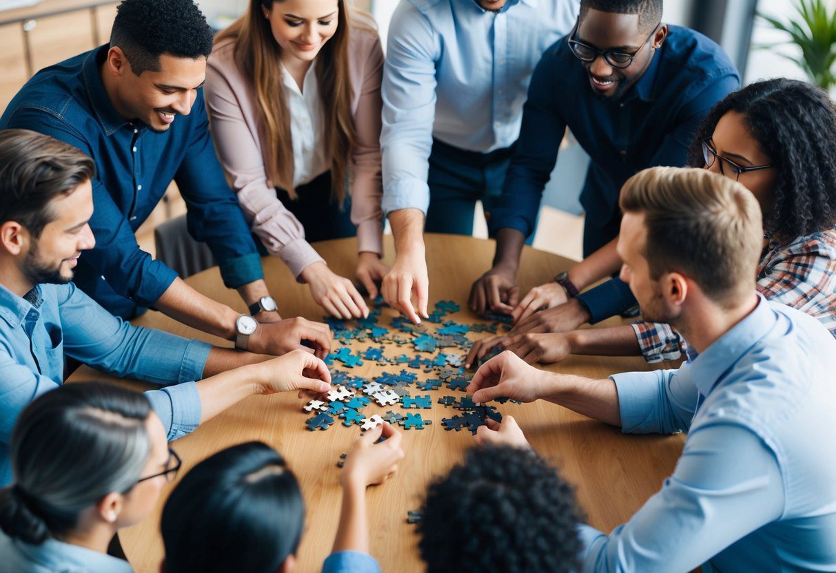 A diverse group of people gather around a table, each holding a piece of a puzzle that they are working together to complete. The atmosphere is collaborative and supportive