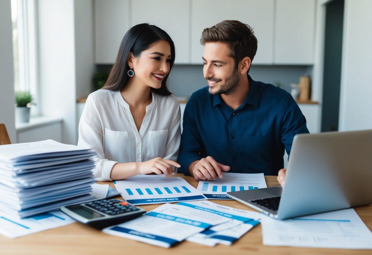 A young couple sits at a table, surrounded by paperwork and a laptop. A stack of mortgage brochures and a calculator are spread out in front of them as they discuss their options