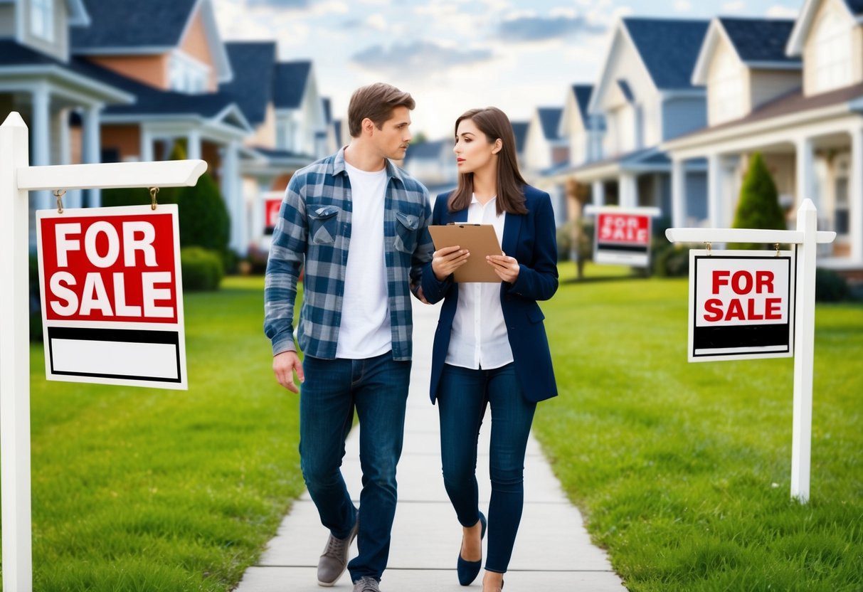 A young couple walks through a maze of houses, studying for-sale signs and comparing notes on a clipboard. They look confused and overwhelmed
