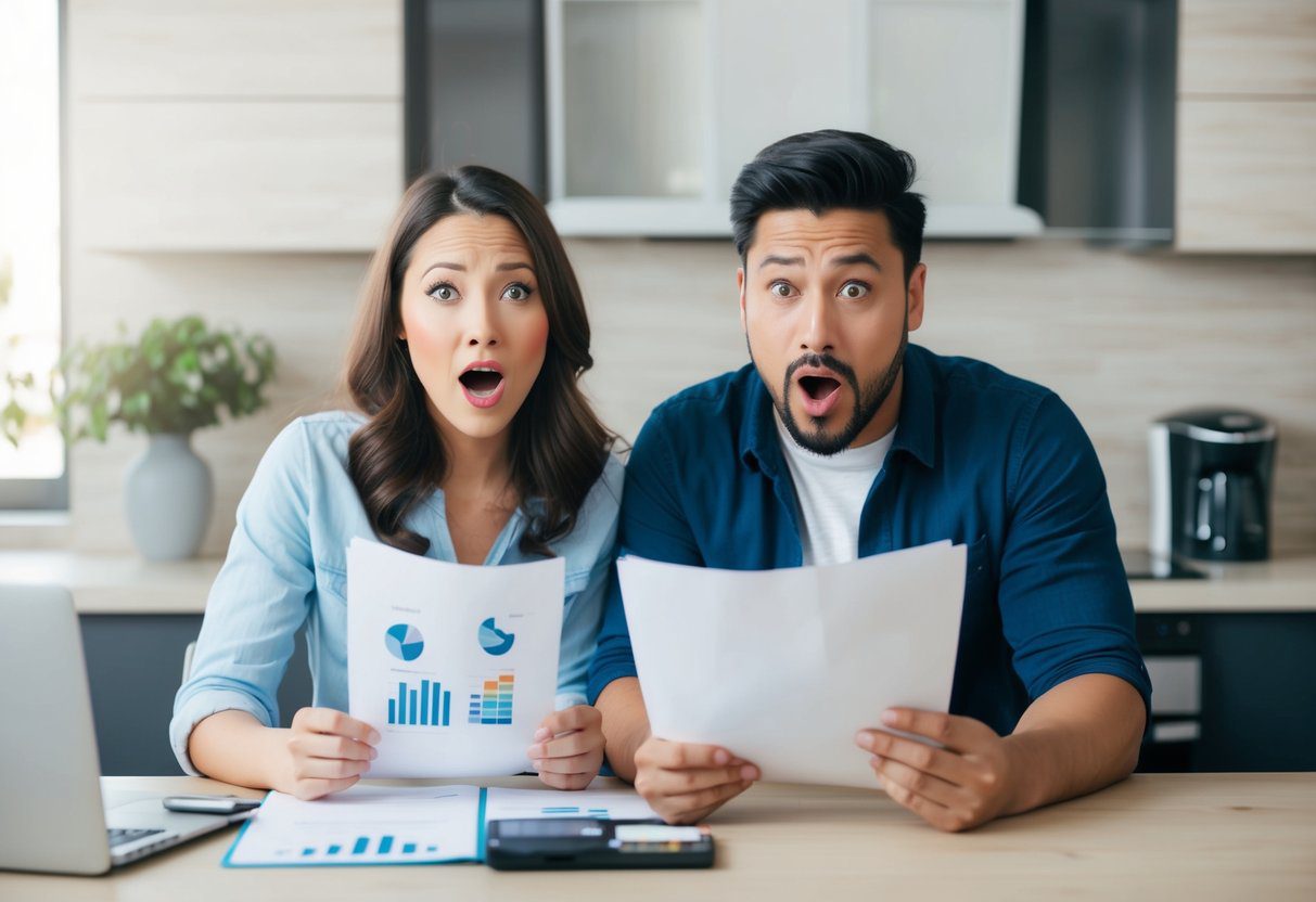 A couple reviewing a budget with a shocked expression as they realize they have overlooked additional costs when purchasing their first home