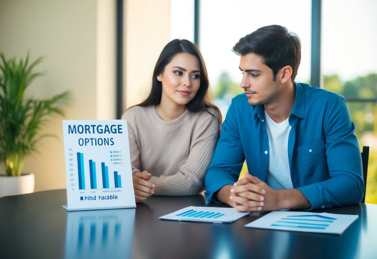 A young couple sits at a table, comparing mortgage options. A chart shows fixed and variable rates. The couple looks contemplative and focused