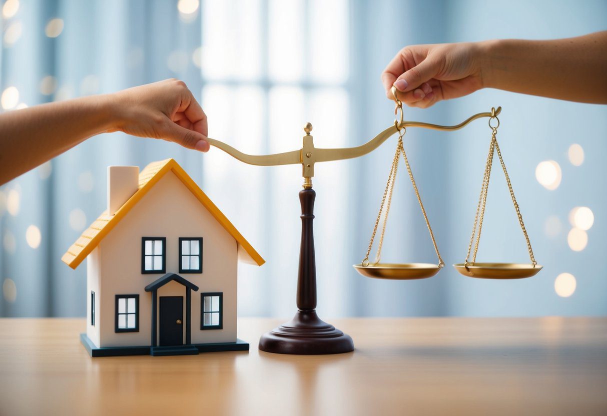 A house with a scale balanced between a fixed and variable sign, representing the decision between the two mortgage types for a first-time buyer