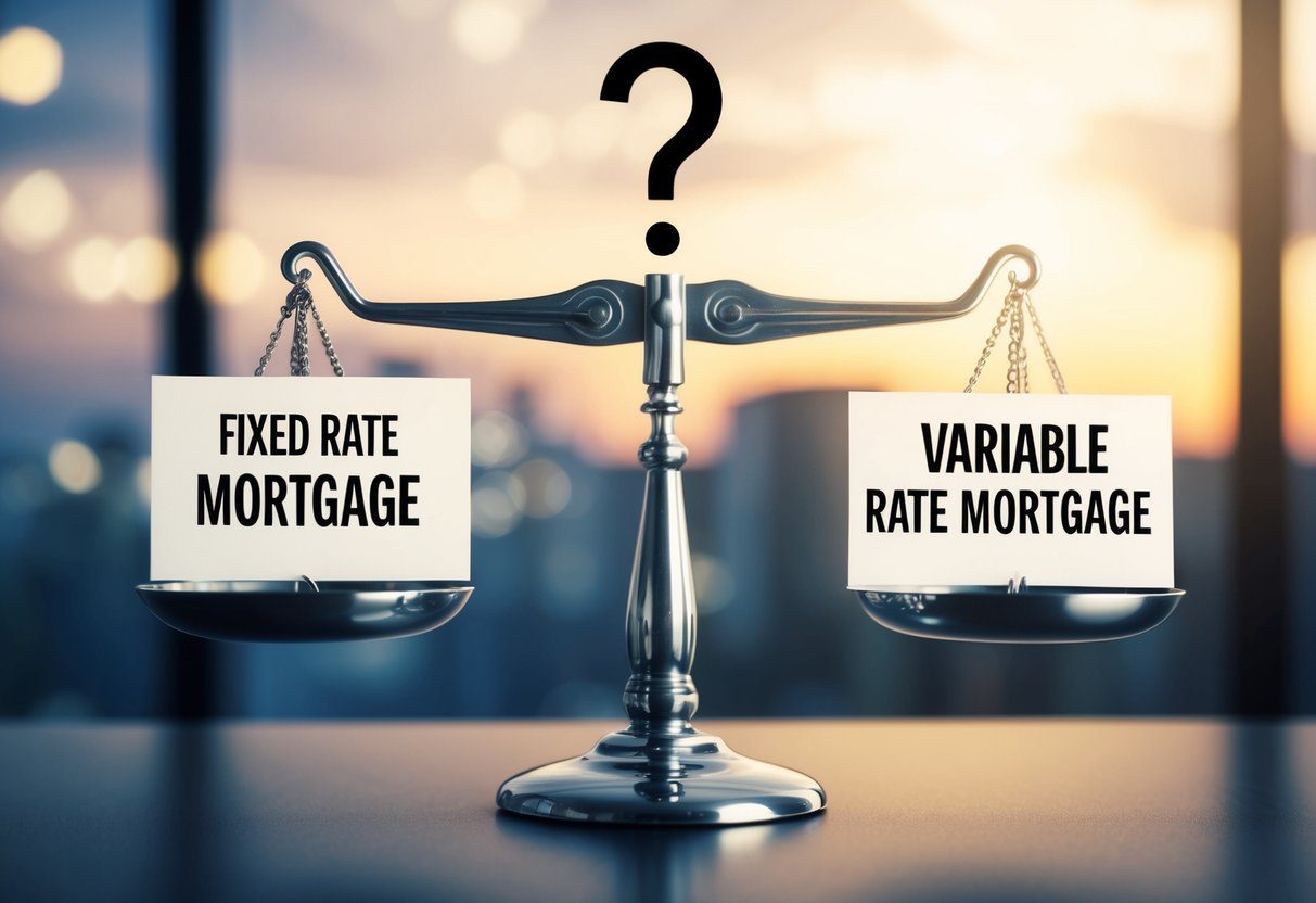 A scale with a fixed rate mortgage on one side and a variable rate mortgage on the other, with a question mark hovering above
