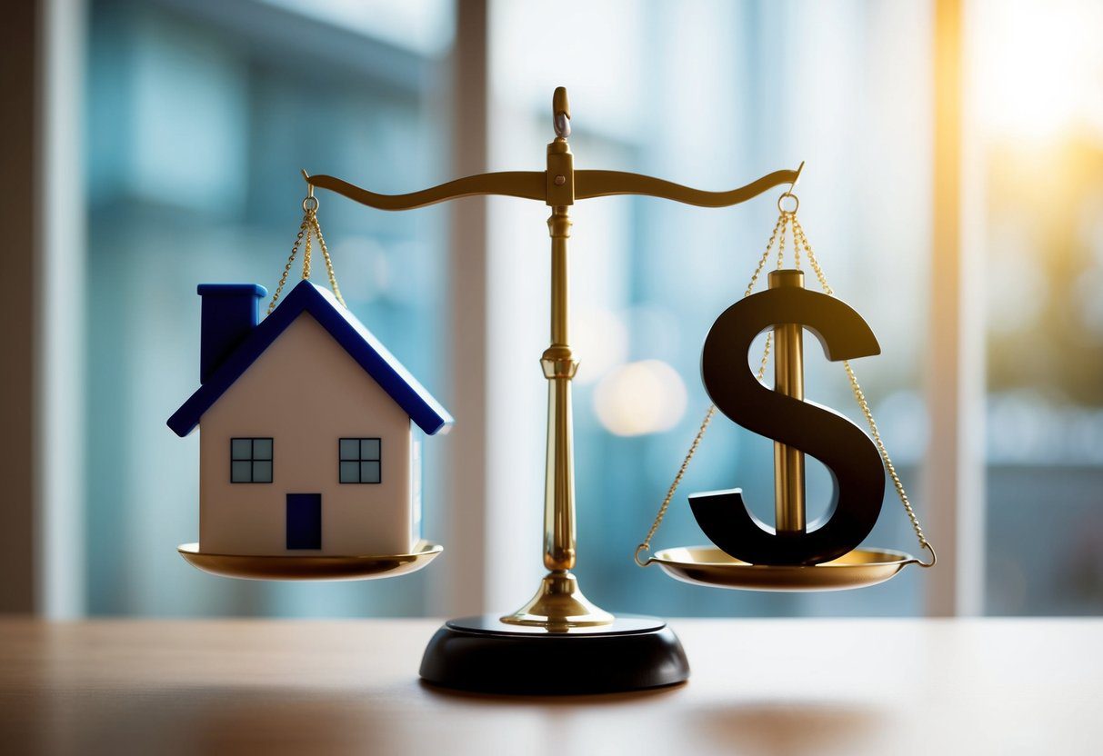 A scale tipping between a house and a dollar sign, representing the decision between fixed and variable rate mortgages