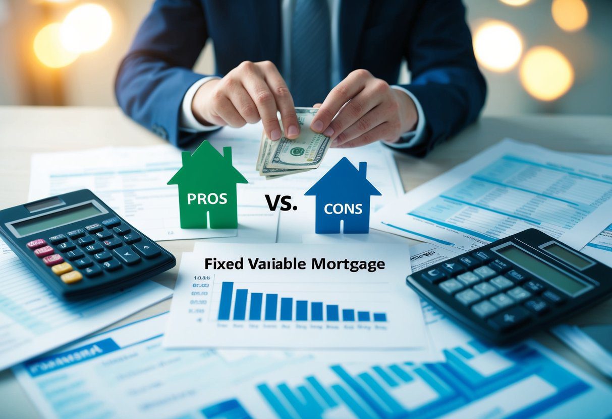 A person weighing the pros and cons of fixed versus variable mortgage types, surrounded by financial documents and calculators