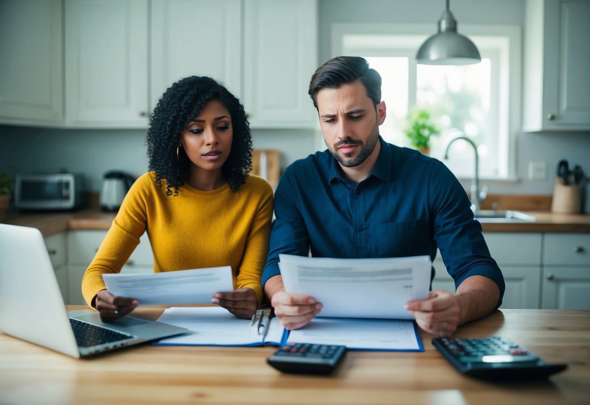 A couple sitting at a kitchen table, reviewing paperwork with a concerned expression. A laptop and calculator are on the table