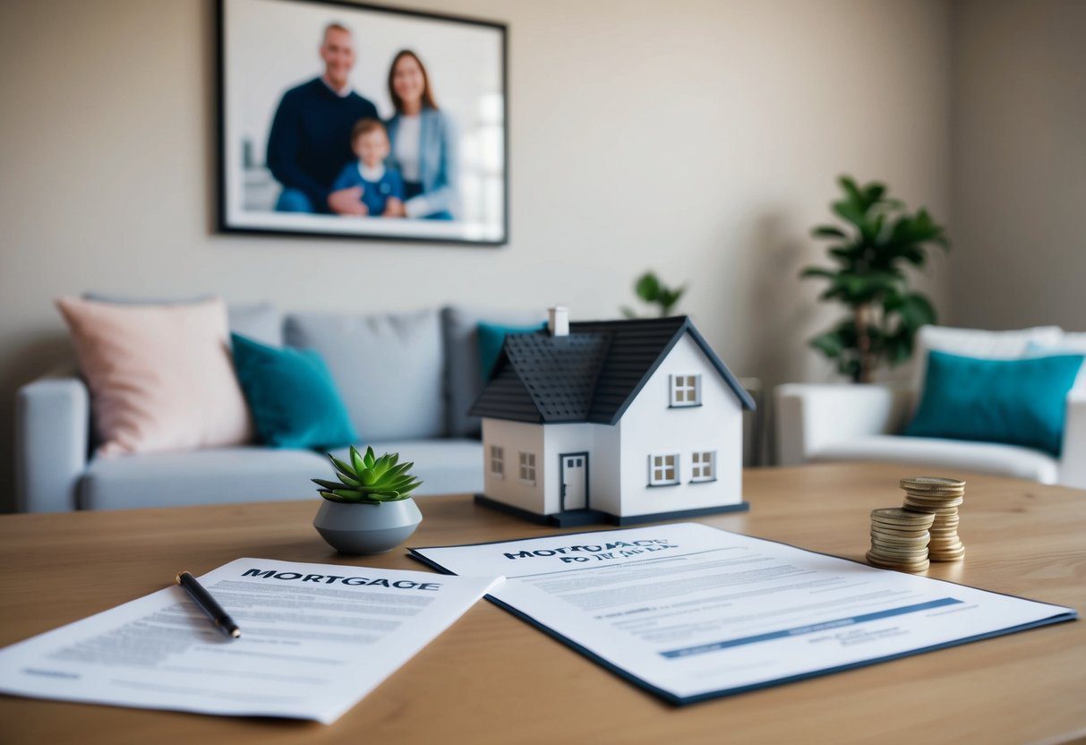 A cozy home with a family photo on the wall, a mortgage contract on the table, and a comforting insurance policy document nearby
