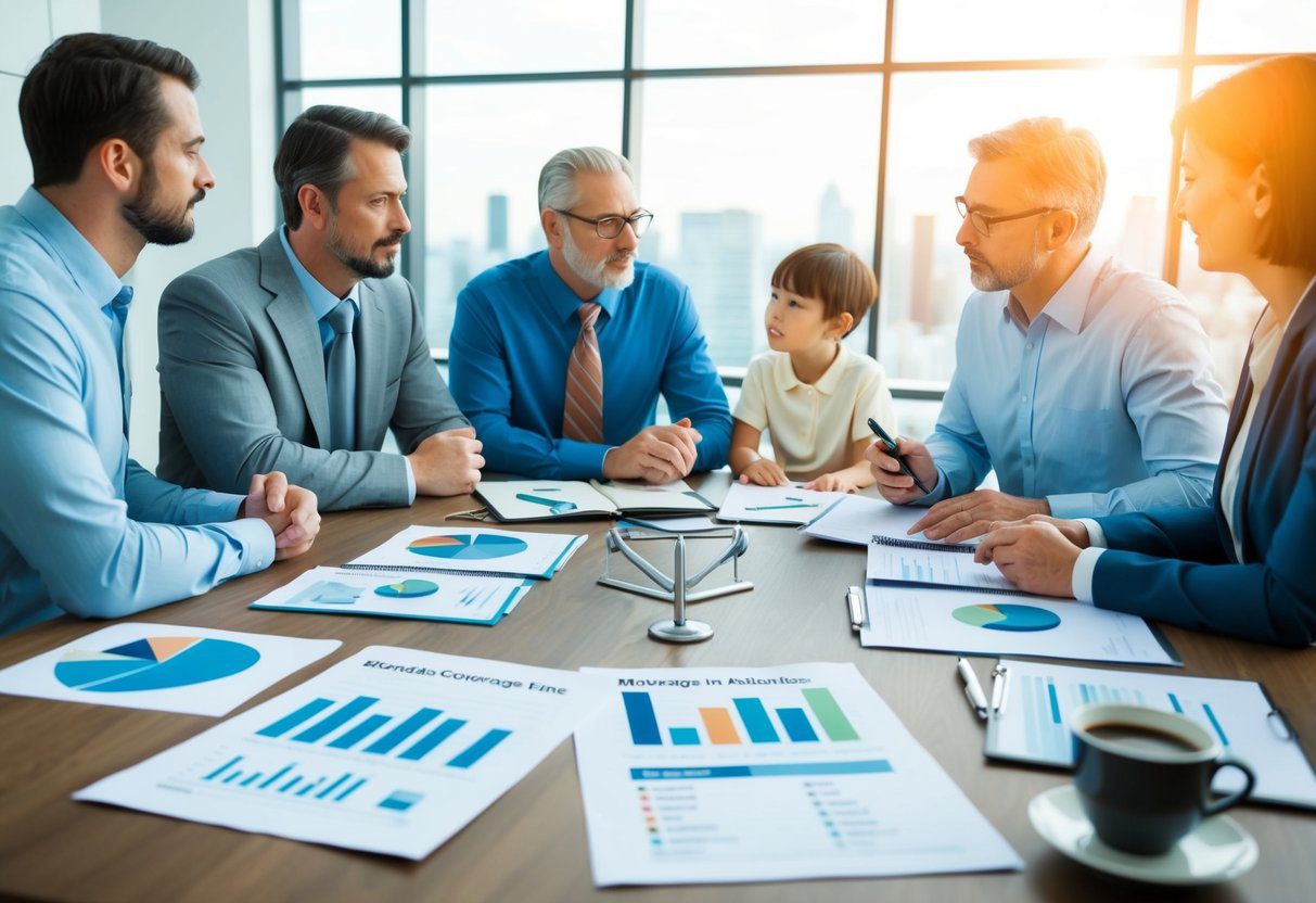 A family sits around a table, discussing mortgage protection insurance options with a financial advisor. Charts and graphs are spread out, illustrating different coverage plans