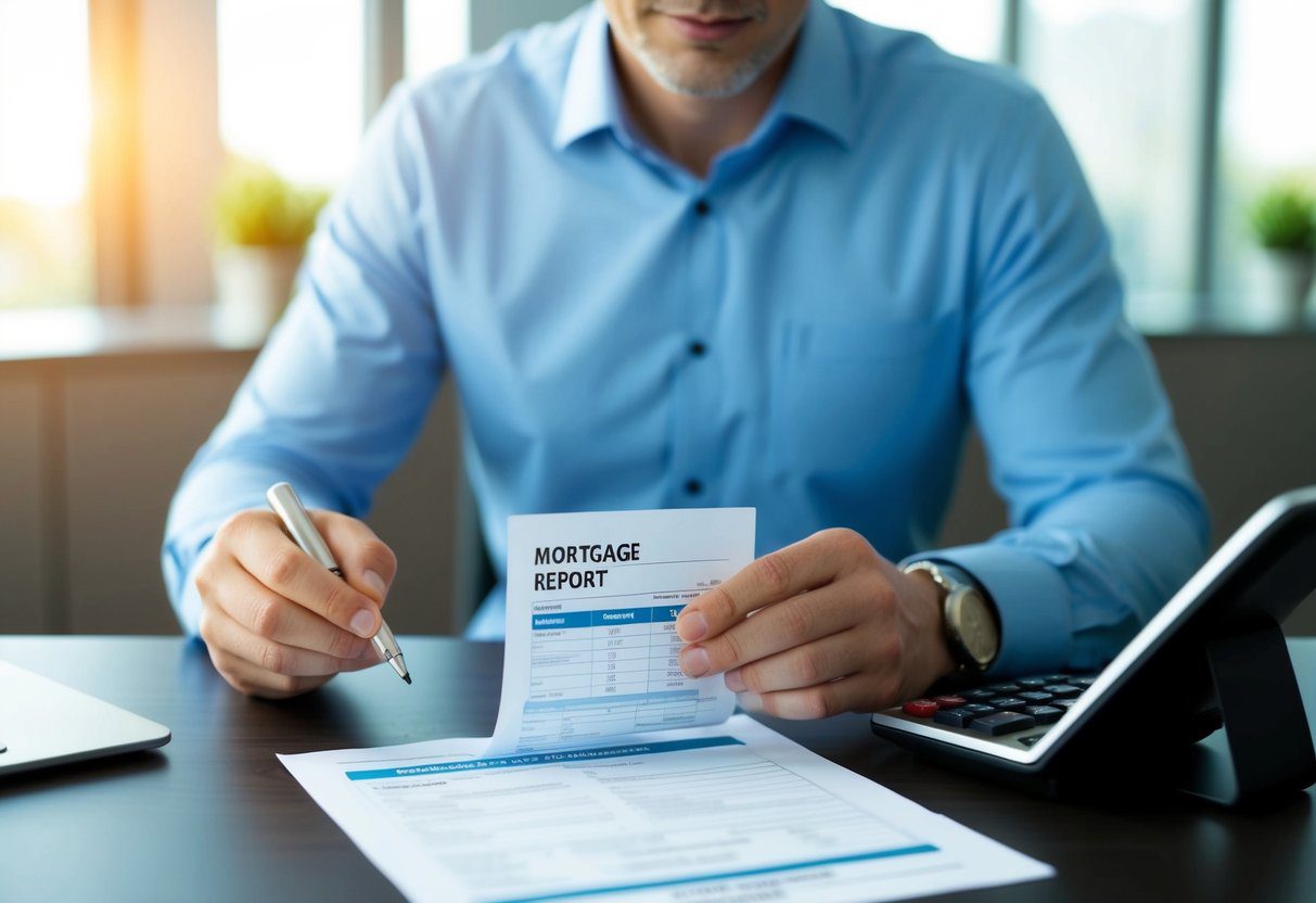 A person reviewing a credit report with a mortgage application form and a calculator on a desk