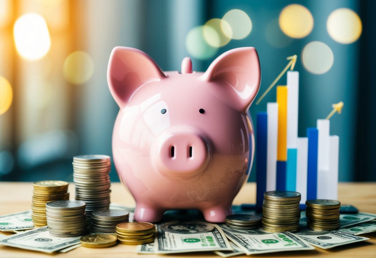 A piggy bank surrounded by stacks of coins and dollar bills, with a chart showing increasing savings progress