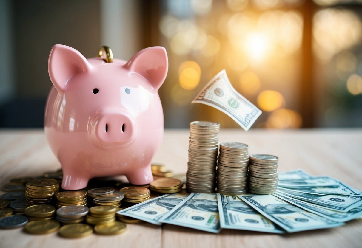 A piggy bank surrounded by coins and bills, with a growing pile of money next to it, symbolizing saving for a home deposit