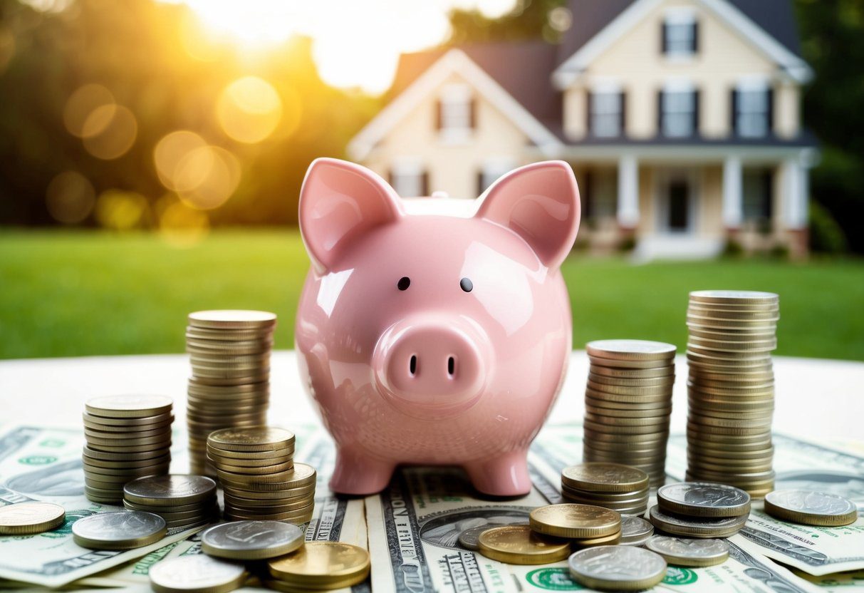 A piggy bank surrounded by stacks of coins and dollar bills, with a house in the background to represent saving for a first home