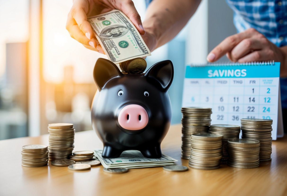 A piggy bank being filled with coins and bills, surrounded by a stack of money jars and a calendar marking off savings milestones