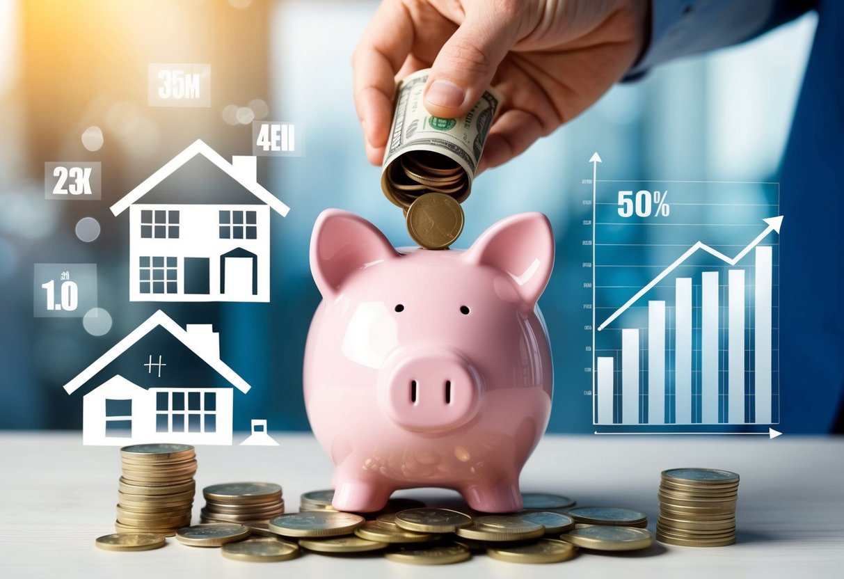 A piggy bank being filled with coins and bills, surrounded by images of houses and graphs showing savings growth